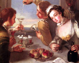 Detail from ‘The sense of Taste’ by Philip Mercier 1680 1760 with a plate of syllabubs.