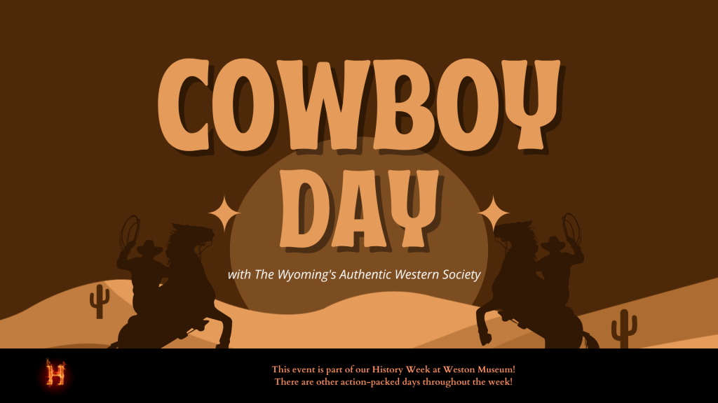 "Bold text reads 'Cowboy Day' with silhouettes of cowboys on horses, set against a desert backdrop and star accents. A lively, Western theme."